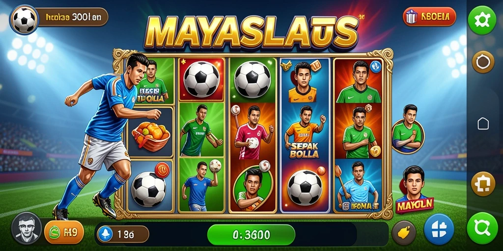 Tangkapan layar gameplay MAYASLOTS dengan tema sepak bola yang memukau.